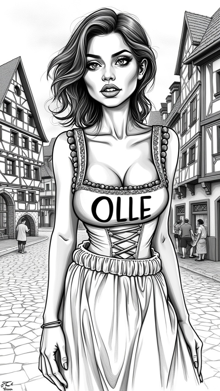Black and White Illustration of Woman in Vintage Dress