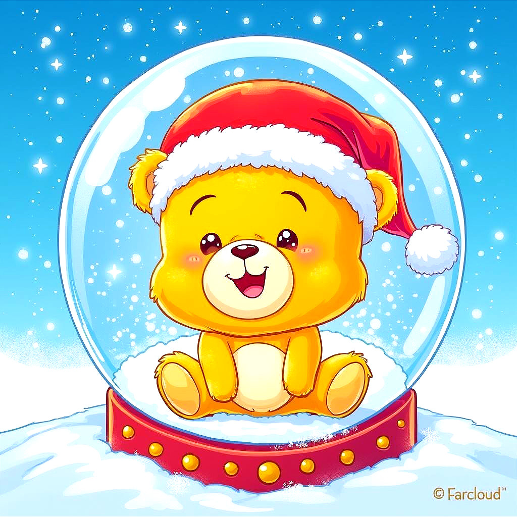 Cartoon Bear in Santa Hat Inside Snow Globe Scene