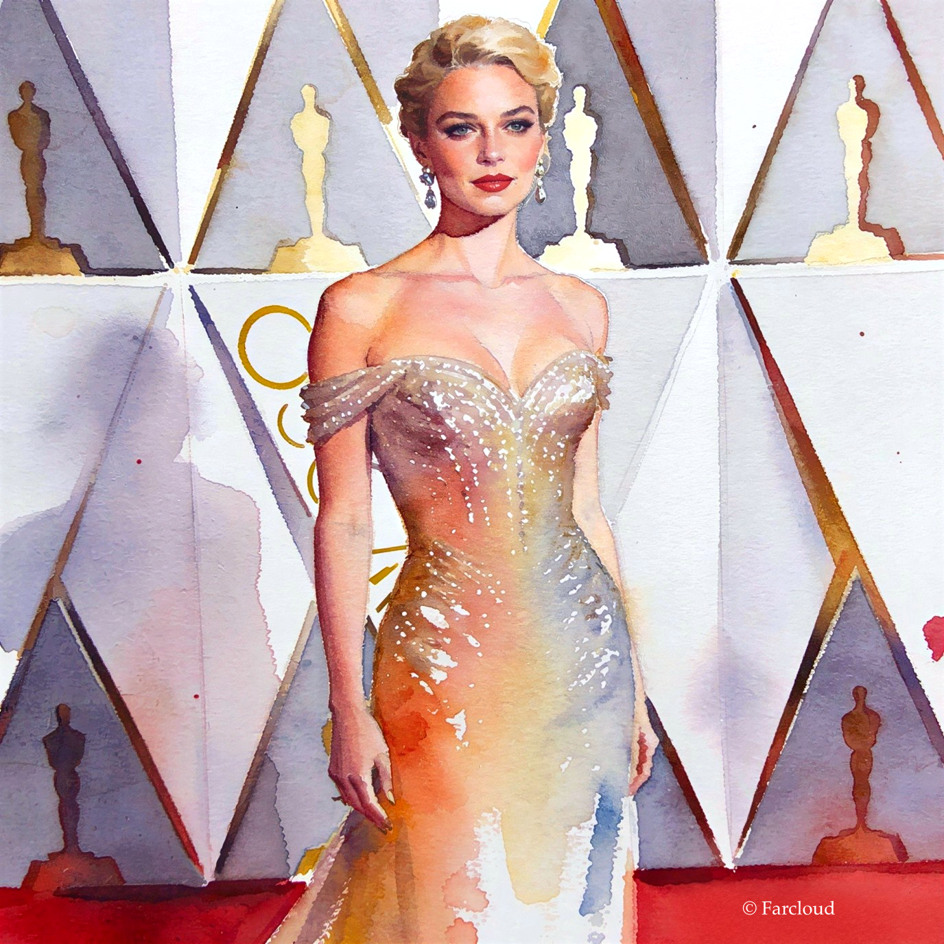 Blonde Woman in Gold Gown on Red Carpet Scene