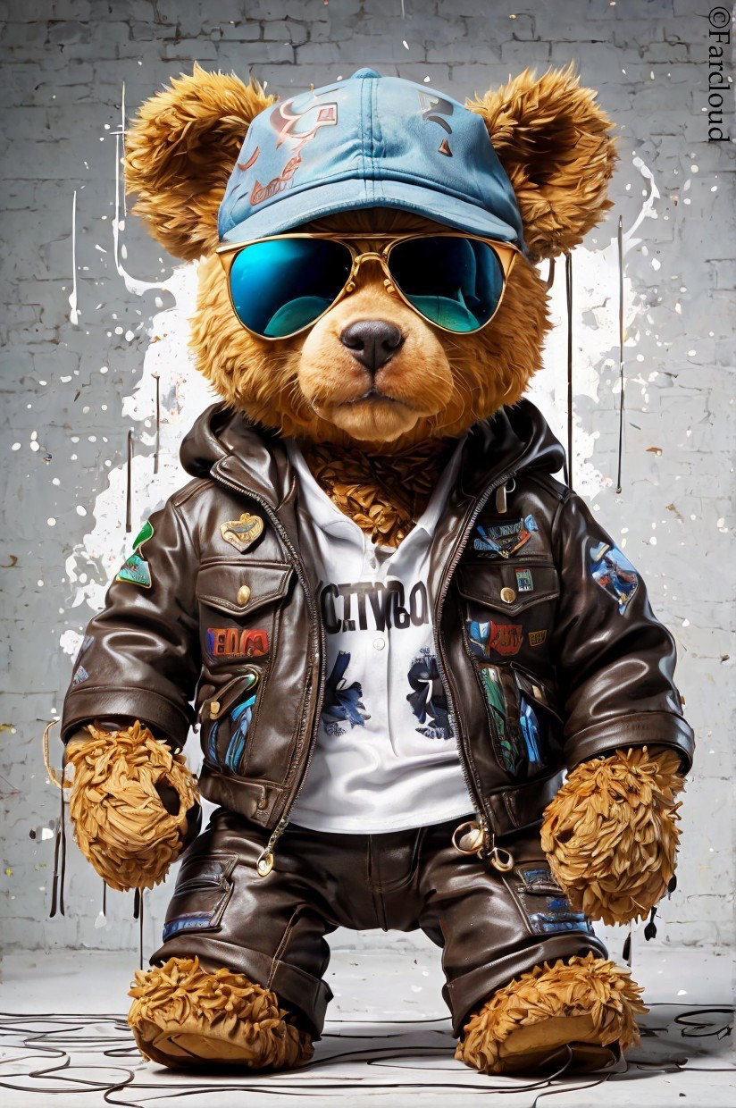 Stylish bear character in leather jacket and cap