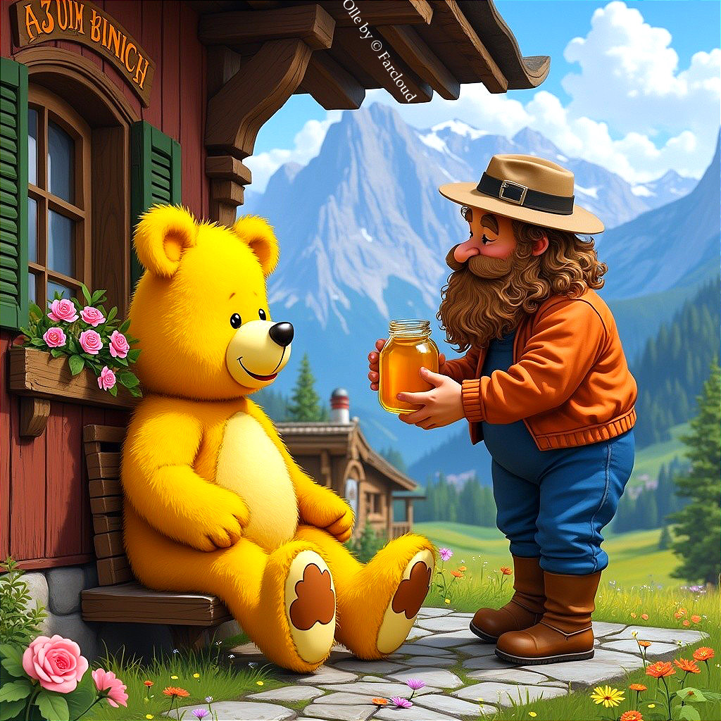 Cheerful Bear and Man in Mountain Cabin Scene