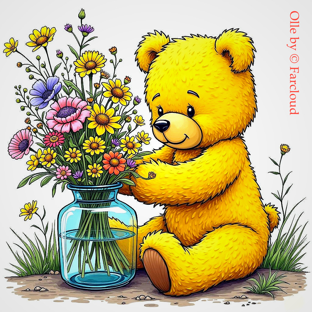 Cheerful yellow bear arranging vibrant flowers in a jar