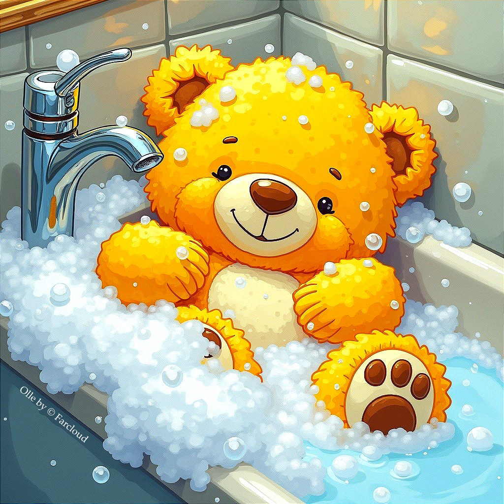 Fluffy Yellow Bear in a Bubbly Sink Bath Scene
