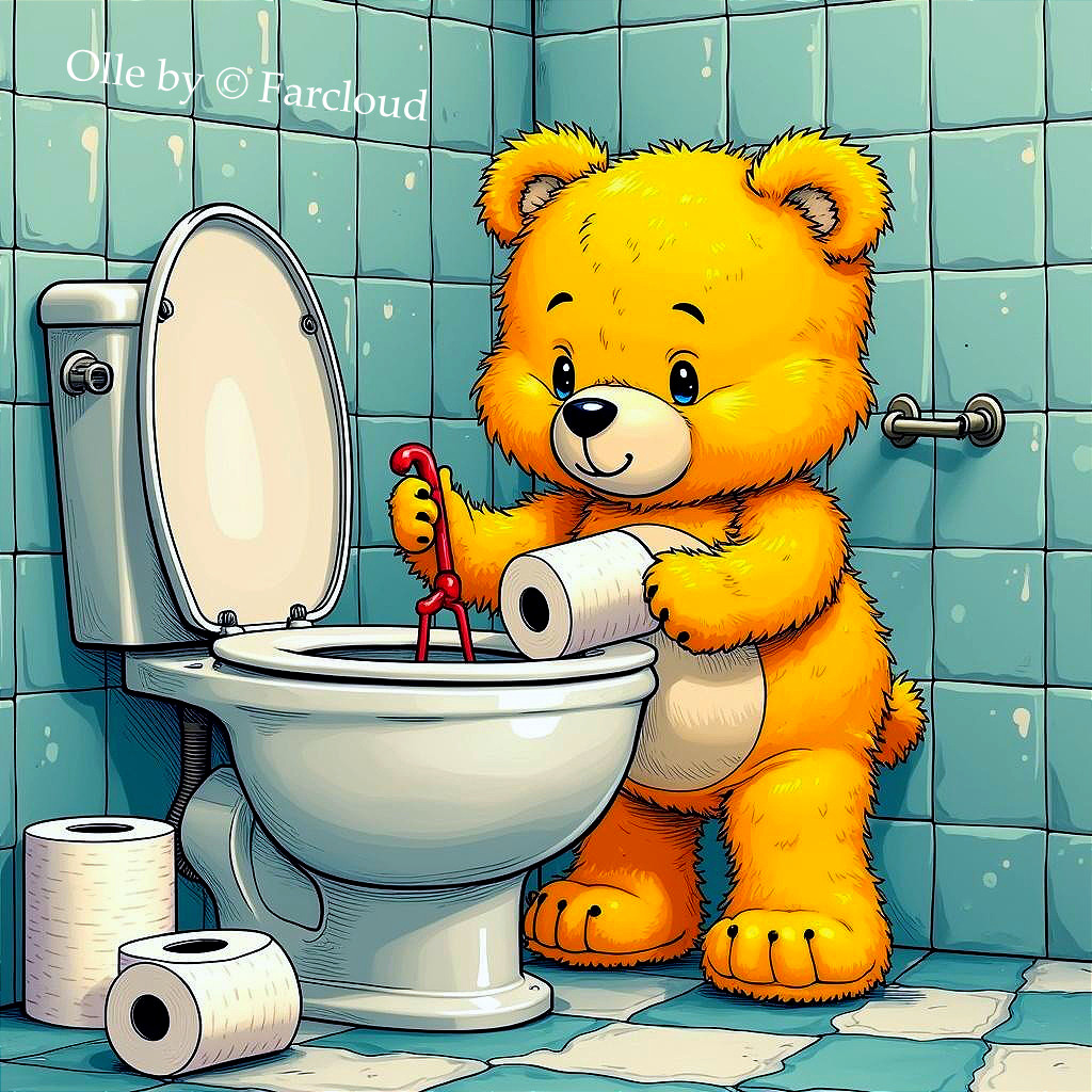 Fluffy yellow bear exploring a colorful bathroom scene