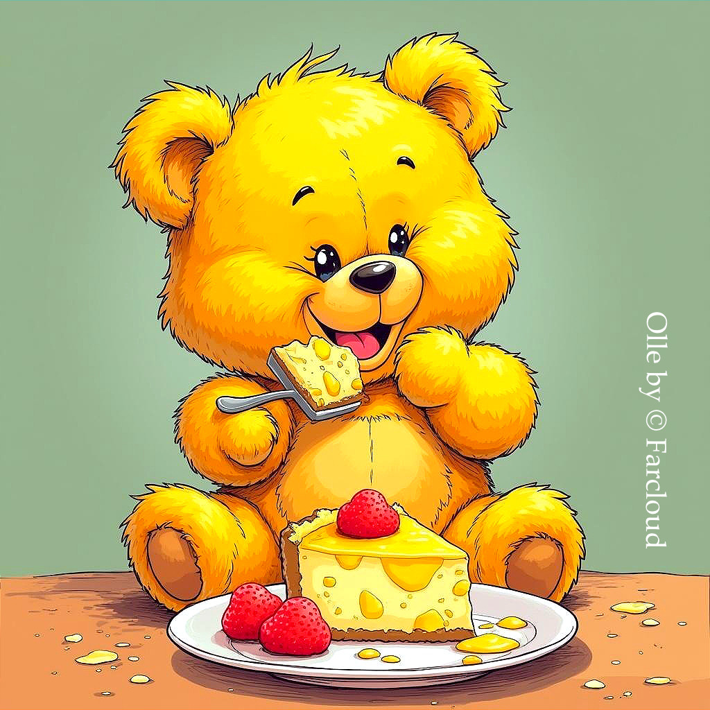 Cheerful Yellow Bear Enjoying Cheesecake at Table