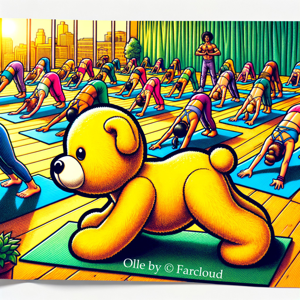Crowded Yoga Class with Teddy Bear in Sunlit Studio