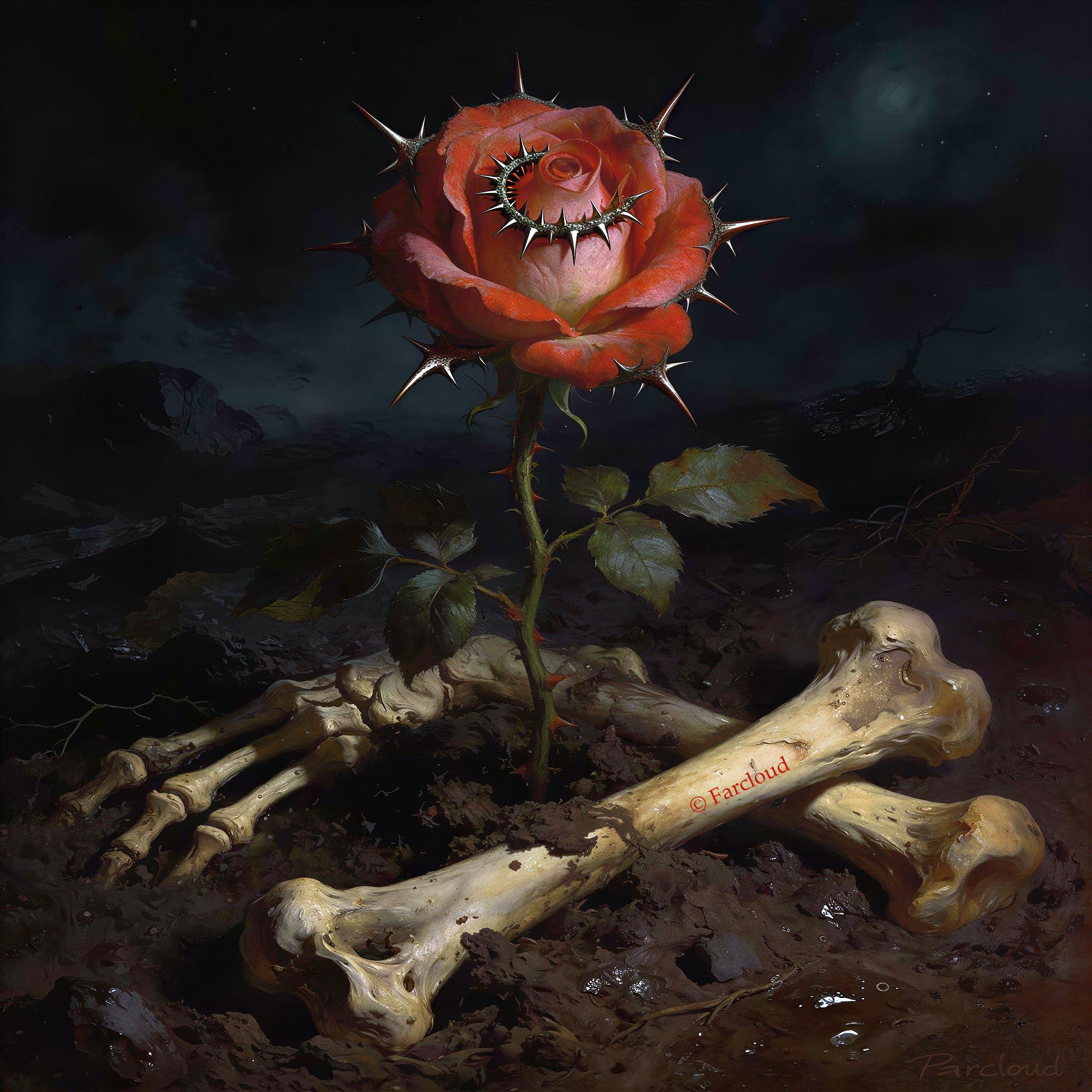 Dark Digital Painting of a Rose and Skeletal Bones