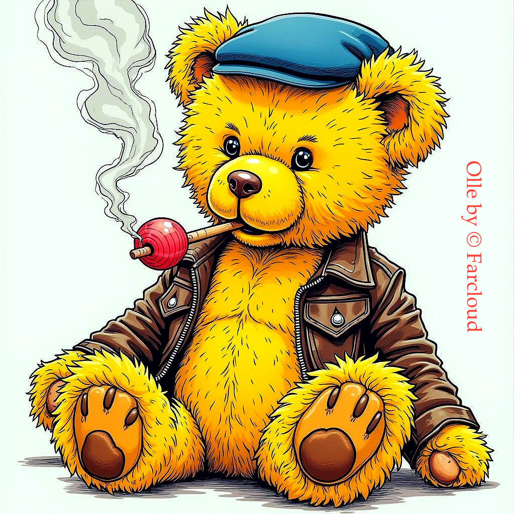 Cartoon Teddy Bear in Leather Jacket with Lollipop Pipe