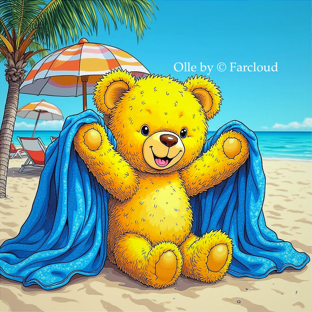 Cheerful teddy bear on a beach with ocean backdrop