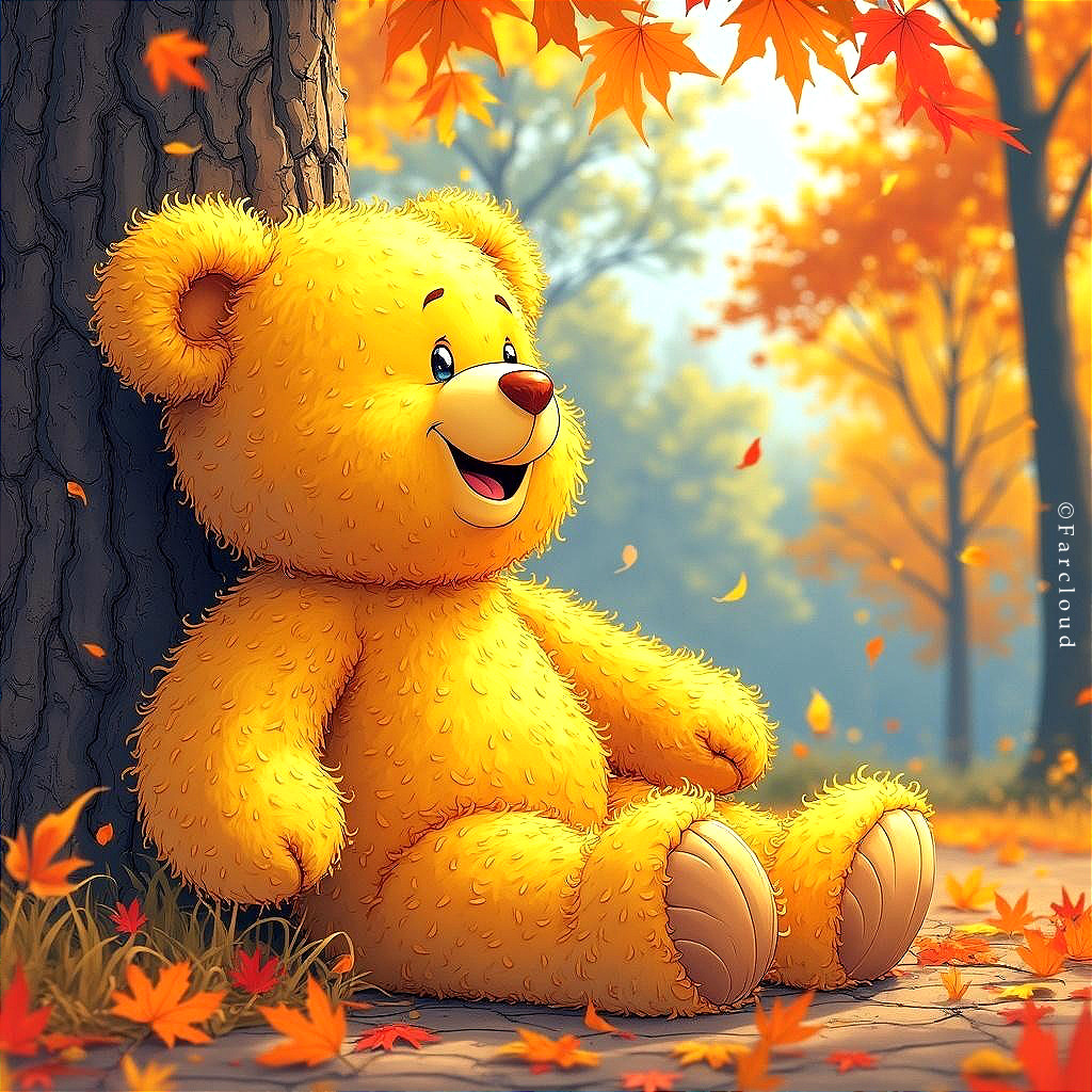 Cheerful Yellow Teddy Bear in Autumn Leaves Scene