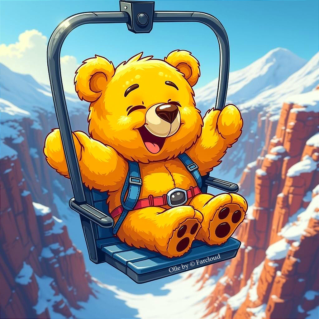 Fluffy Yellow Bear on Ski Lift Over Snowy Mountains