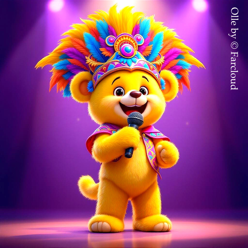 Cartoon Lion Cub with Colorful Headdress on Stage