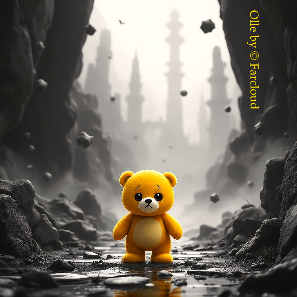 Yellow Teddy Bear in a Shadowy, Mystical Landscape