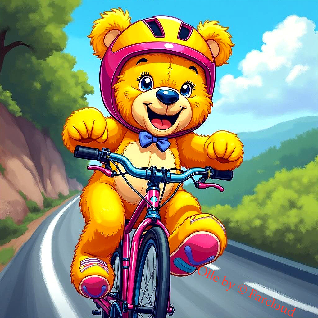 Cheerful cartoon bear riding pink bicycle on scenic road