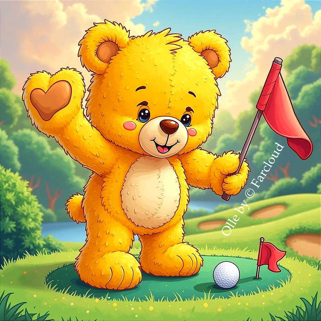 Fluffy Yellow Bear on Golf Course with Heart and Flag