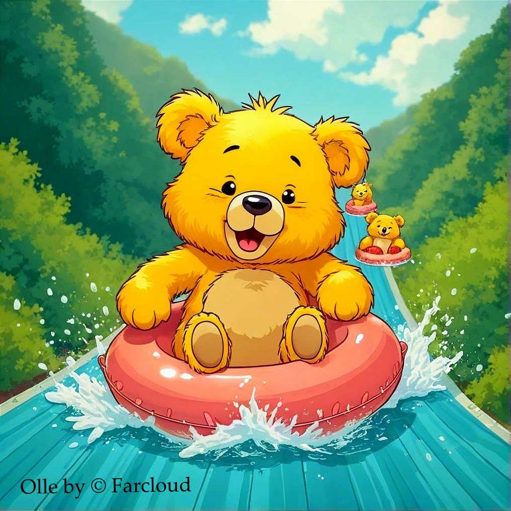 Cheerful Yellow Bear on Pink Inner Tube at Water Flume
