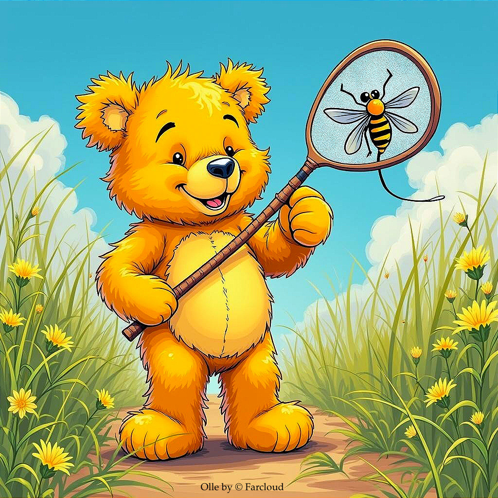 Cartoon Yellow Bear in Sunny Meadow with Flowers