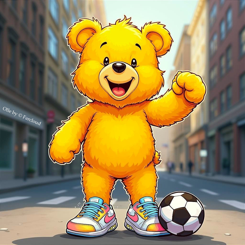 Cartoon Yellow Bear on City Street with Soccer Ball