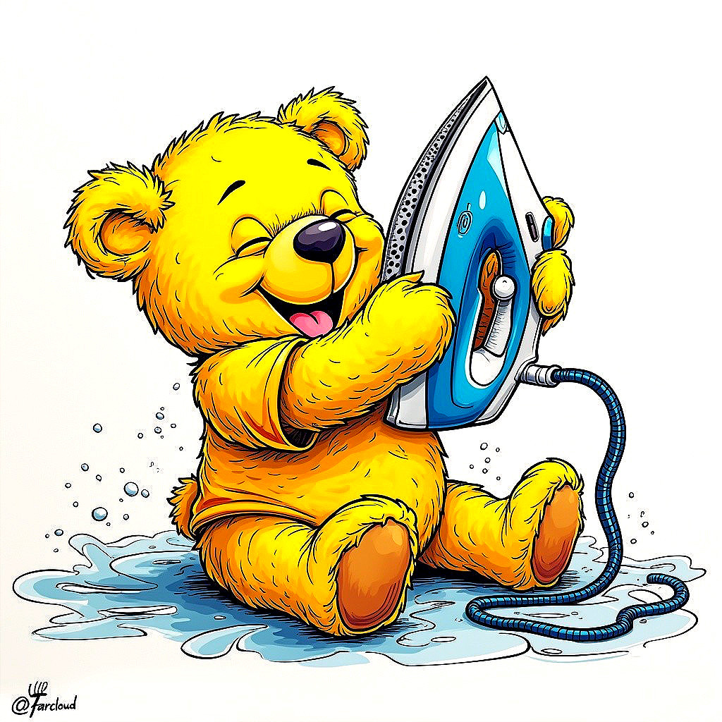 Bright Yellow Bear Holding an Iron on the Floor