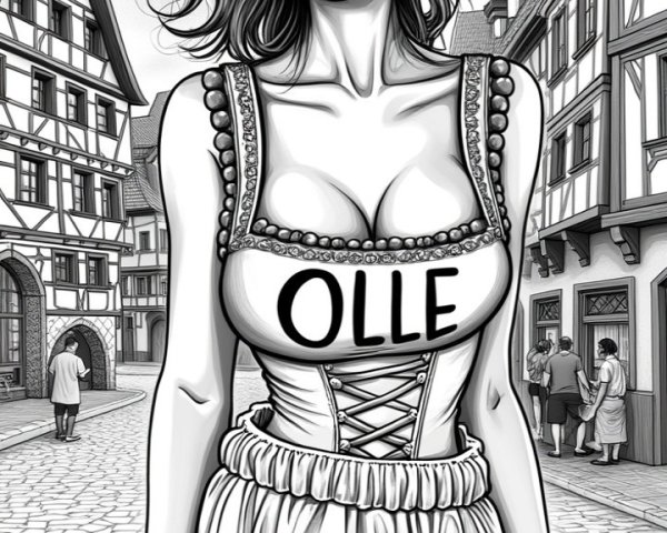Black and White Illustration of Woman in Vintage Dress