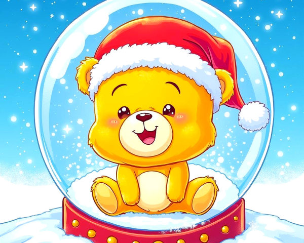 Cartoon Bear in Santa Hat Inside Snow Globe Scene