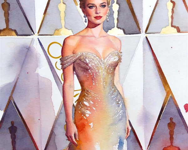 Blonde Woman in Gold Gown on Red Carpet Scene