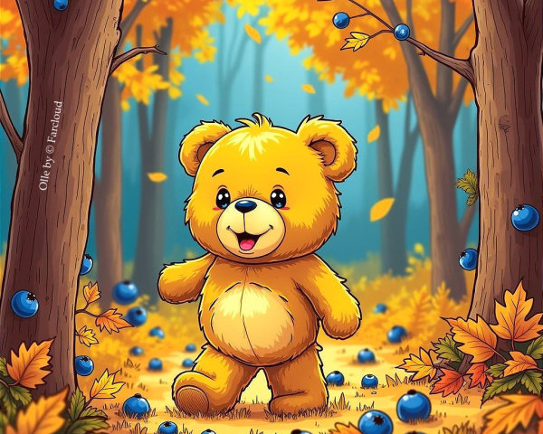 Cheerful bear in vibrant autumn forest with berries