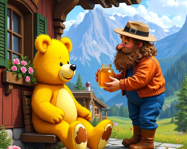 Cheerful Bear and Man in Mountain Cabin Scene