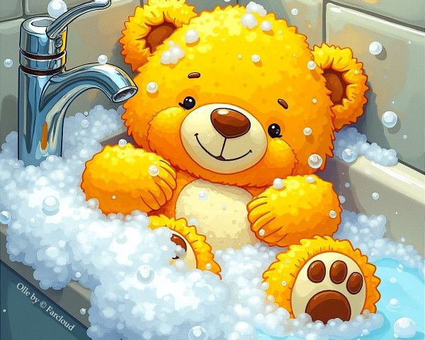 Fluffy Yellow Bear in a Bubbly Sink Bath Scene