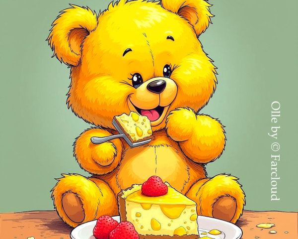 Cheerful Yellow Bear Enjoying Cheesecake at Table