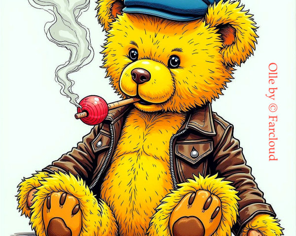 Cartoon Teddy Bear in Leather Jacket with Lollipop Pipe