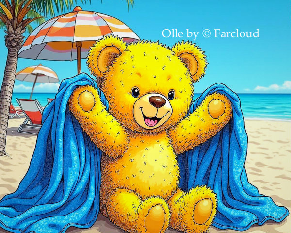 Cheerful teddy bear on a beach with ocean backdrop