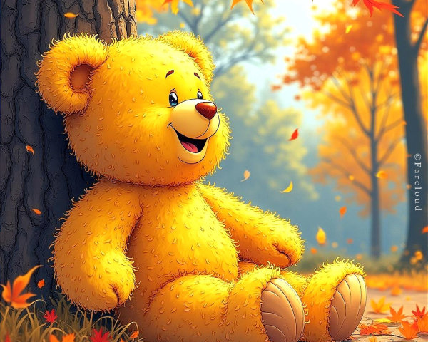 Cheerful Yellow Teddy Bear in Autumn Leaves Scene