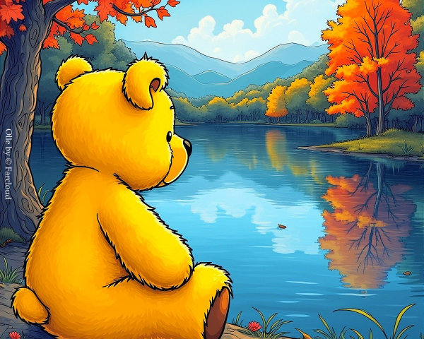 Cheerful teddy bear by serene lake in autumn landscape