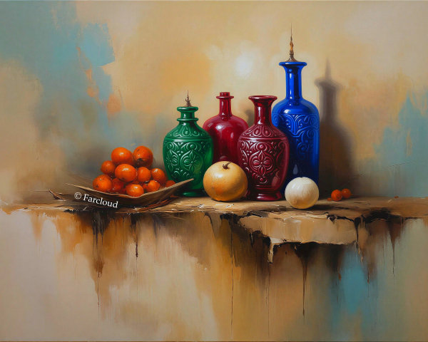 Still Life with Colorful Bottles and Oranges