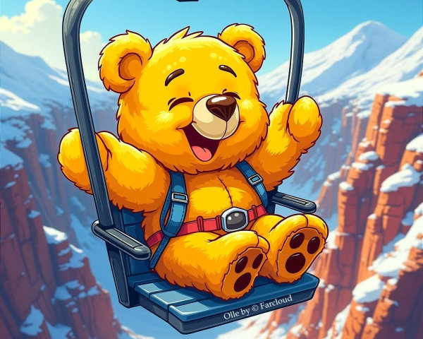 Fluffy Yellow Bear on Ski Lift Over Snowy Mountains
