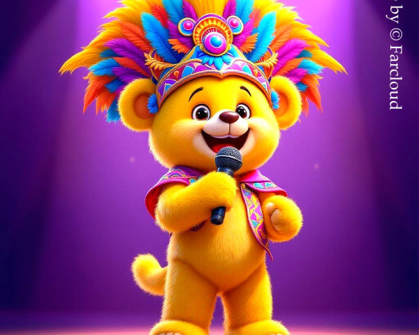 Cartoon Lion Cub with Colorful Headdress on Stage