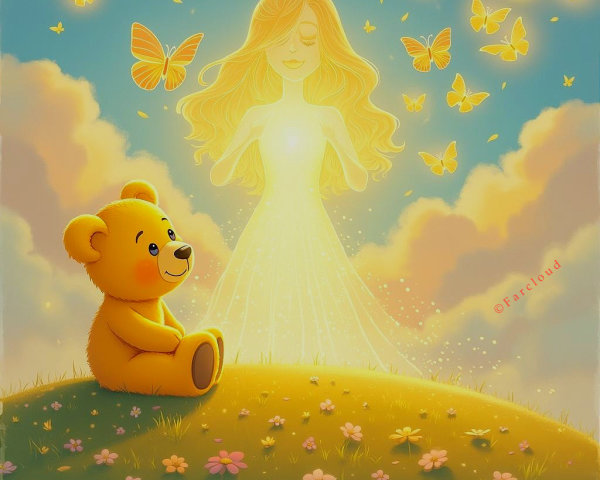 Whimsical Teddy Bear on Grassy Hill with Butterflies
