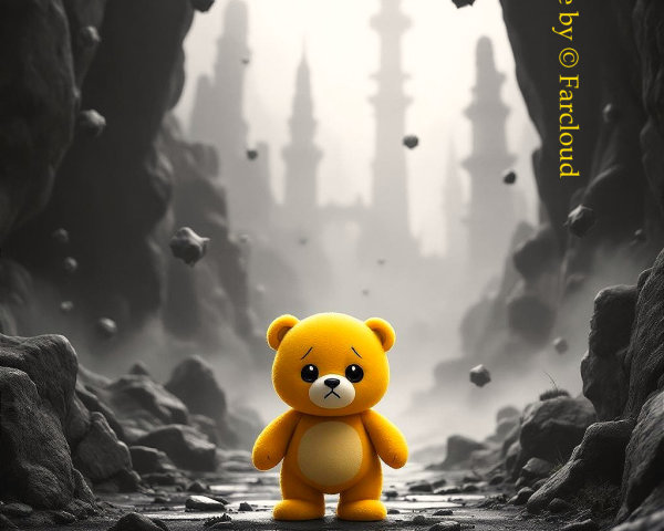 Yellow Teddy Bear in a Shadowy, Mystical Landscape