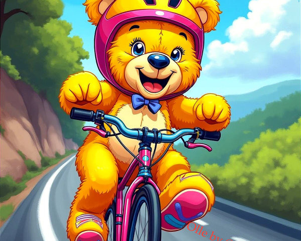 Cheerful cartoon bear riding pink bicycle on scenic road