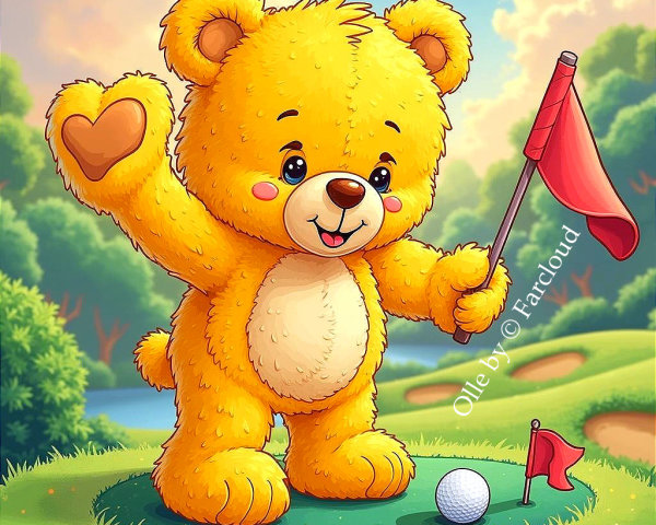 Fluffy Yellow Bear on Golf Course with Heart and Flag