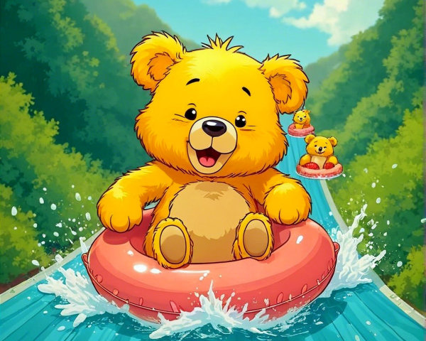 Cheerful Yellow Bear on Pink Inner Tube at Water Flume