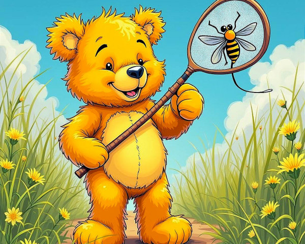 Cartoon Yellow Bear in Sunny Meadow with Flowers