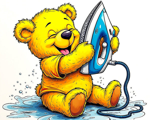 Bright Yellow Bear Holding an Iron on the Floor