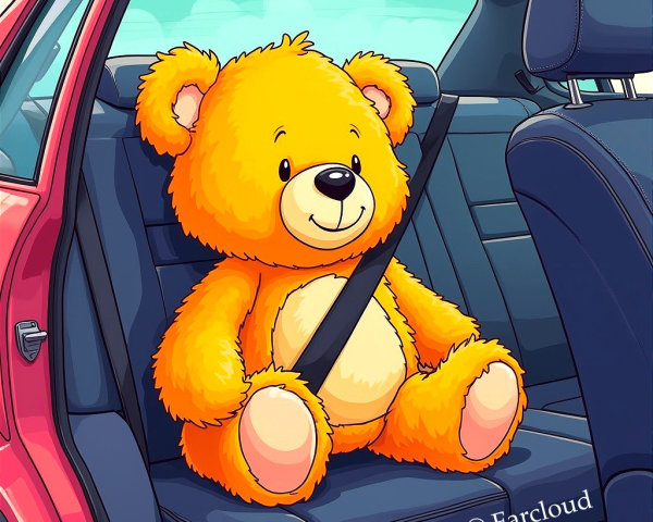 Bright Orange Teddy Bear in Cozy Car Interior