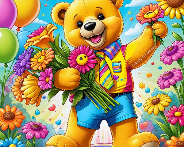 Cartoon Teddy Bear in a Colorful Celebration Scene