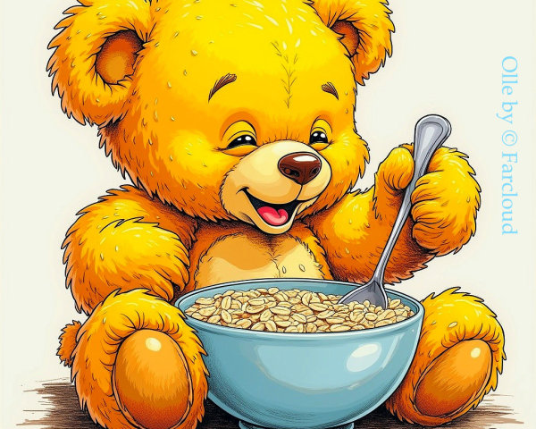 Fluffy Yellow Bear Enjoying Oatmeal in Illustration