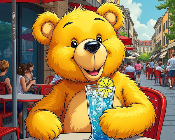 Cartoon Yellow Bear Enjoying Drink at Café Table