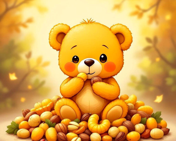 Fluffy Yellow Teddy Bear Amid Autumn Nuts and Leaves