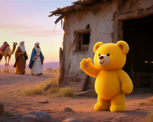 Bright Yellow Teddy Bear in Desert Sunset Scene